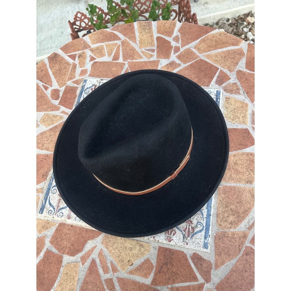 Pendleton Black Wool Fedora Hat Wide Brim Brown Leather Band Made in USA Medium